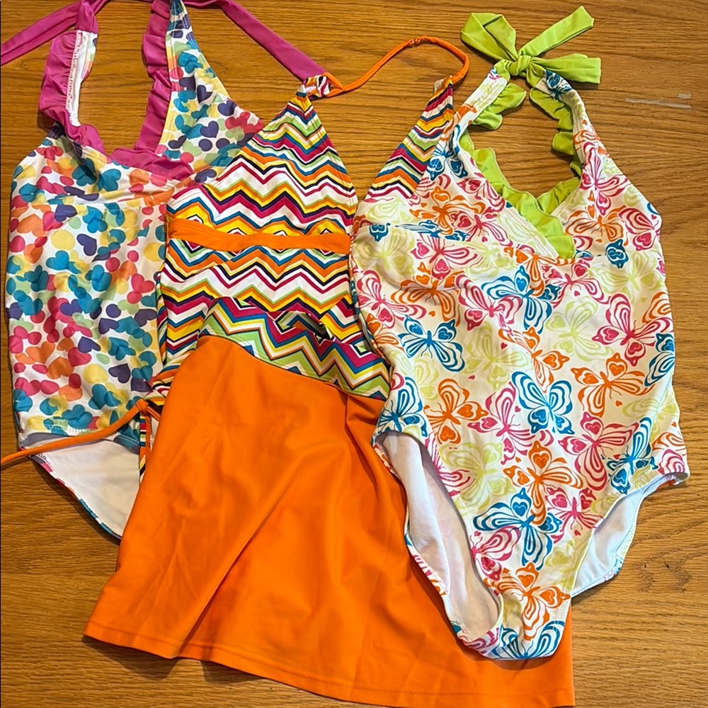 EUC Sz 14/16 Wave Zone Colorful Patterned halter Swimsuits and Orange Skirt